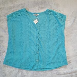 Sabrina Lauren Womens Size XL Sleeveless Button Down Blue Eyelet Lace Top Blouse